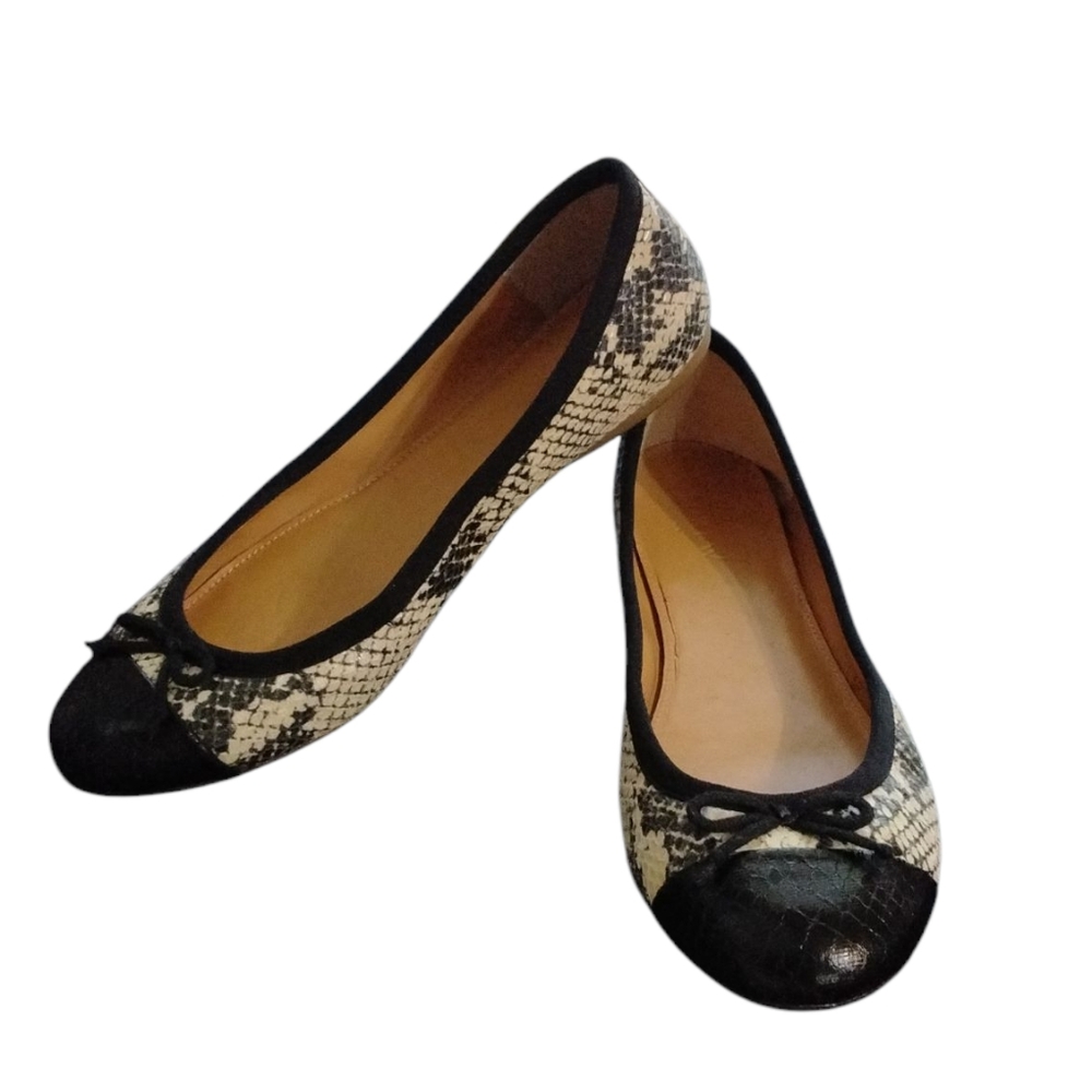 J. Crew Black and Cream Snakeskin-Print Ballet Flats with Bow